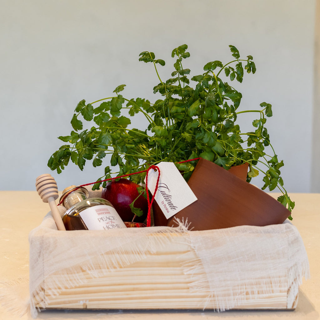 A gift basket filled with a fresh green herb plant, a brown ceramic pot, a small glass jar, a wooden honey dipper, and a red apple, wrapped in a beige woven cloth on a light wooden table.