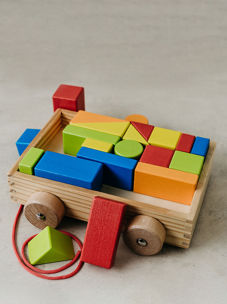 Trend{ING} Baby's building blocks on wheels colurful geometric game in a pull trolley with some blocks out and to the side