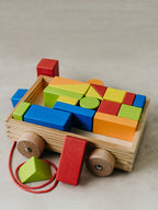 Trend{ING} Baby's building blocks on wheels colurful geometric game in a pull trolley with some blocks out and to the side
